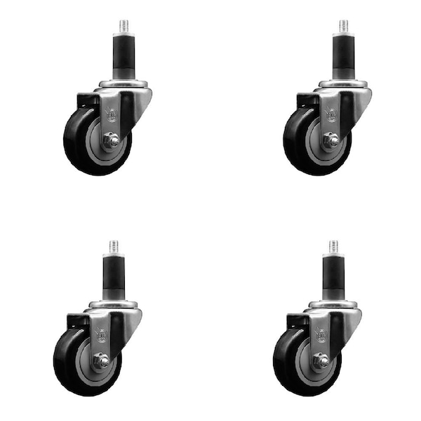3'' Black Poly Wheel Swivel 1-1/4'' Expanding Stem Caster Set, 4PK